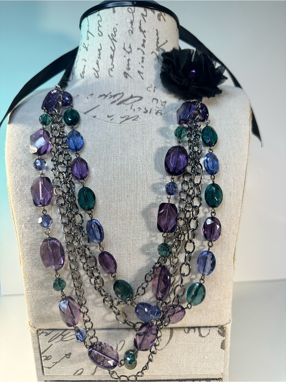 Multi-Strand Purple & Teal Beaded Necklace with Gunmetal Chains